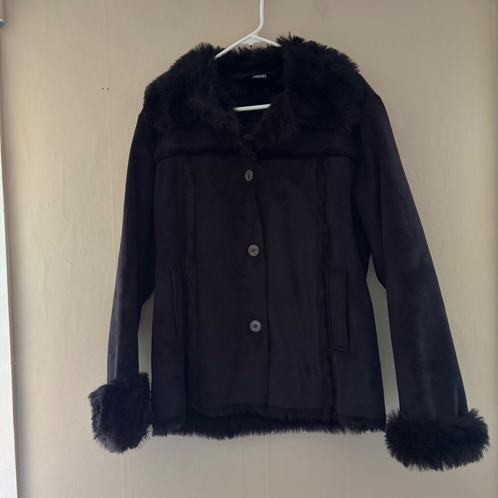 Y2K NILS Womens Apres Ski Jacket Size L Black Faux Fur Mob Wife Whimsigoth